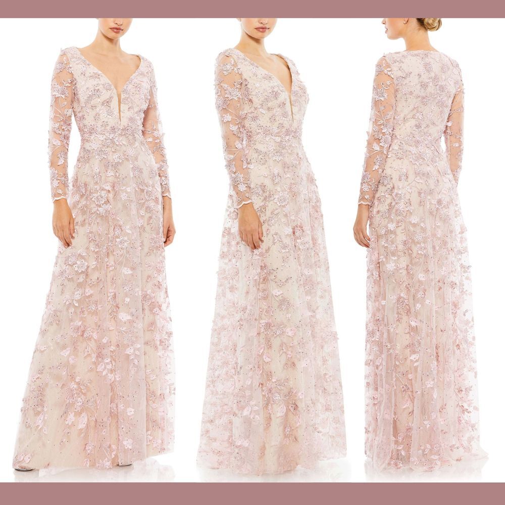NEW Mac Duggal [ 10 ] Floral Appliqué Long Sleeve Illusion Gown Rose Pink #Q948‎
